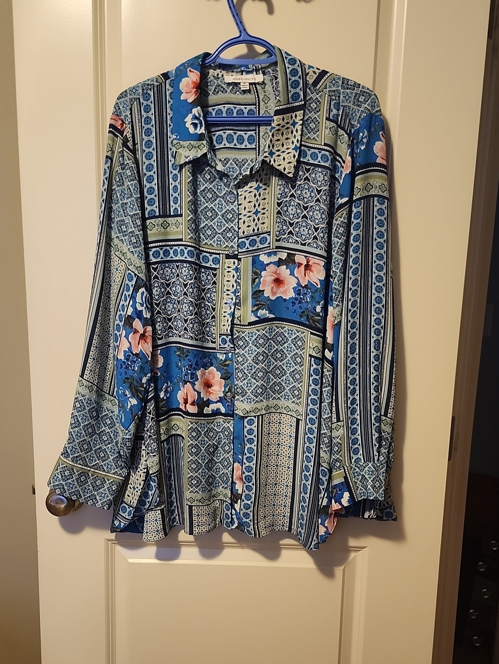 Rose & Olive Blue Patchwork Floral Button-Down Shirt